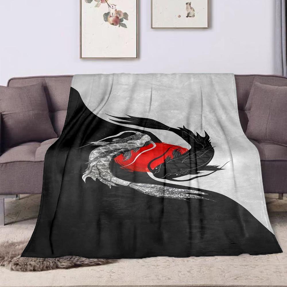Yin Yang Koi Fish with Red Sun Design Patterned flannel blanket perfect for the bedroom living room, sofa, or a little nap