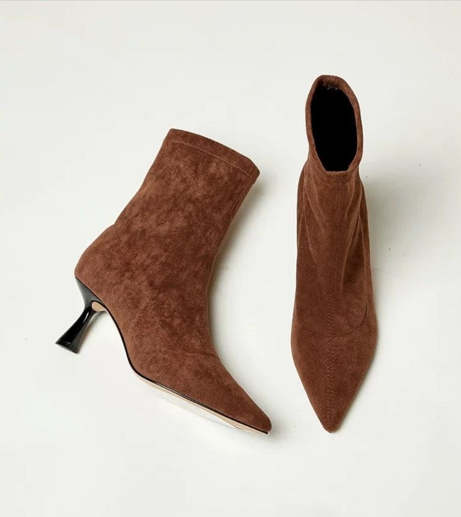 Модные осенние ботильоны из мягкой искусственной замши на высоком каблуке в стиле ретро, женские туфли-лодочки с острым носком, модные женские туфли на шпильках для вечеринок, туфли на тонком каблуке