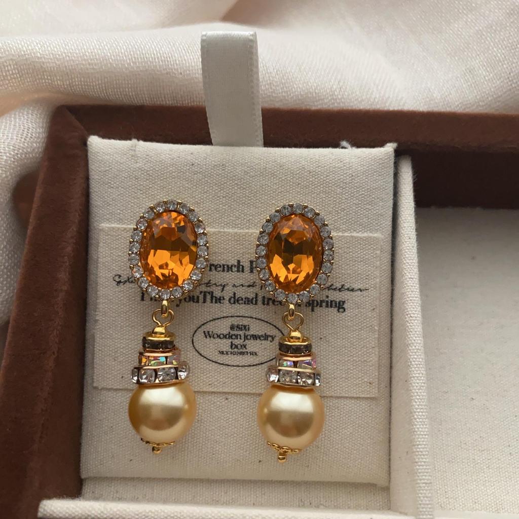 Orange Gemstone Pearl Earrings, Earrings Inlaid With Diamonds, Retro Light Luxury, Exquisite Niche Design, Elegant And Noble And Versatile