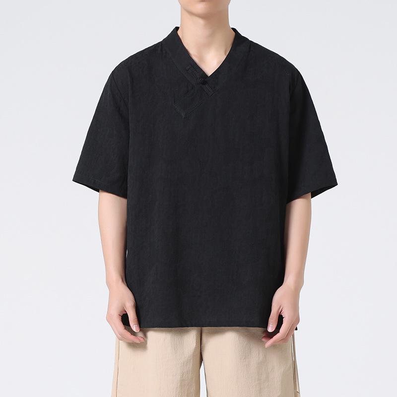 Мужская летняя футболка с коротким рукавом из хлопка и льна на пуговицах-лягушках – Большой размер в китайском стиле ханфу