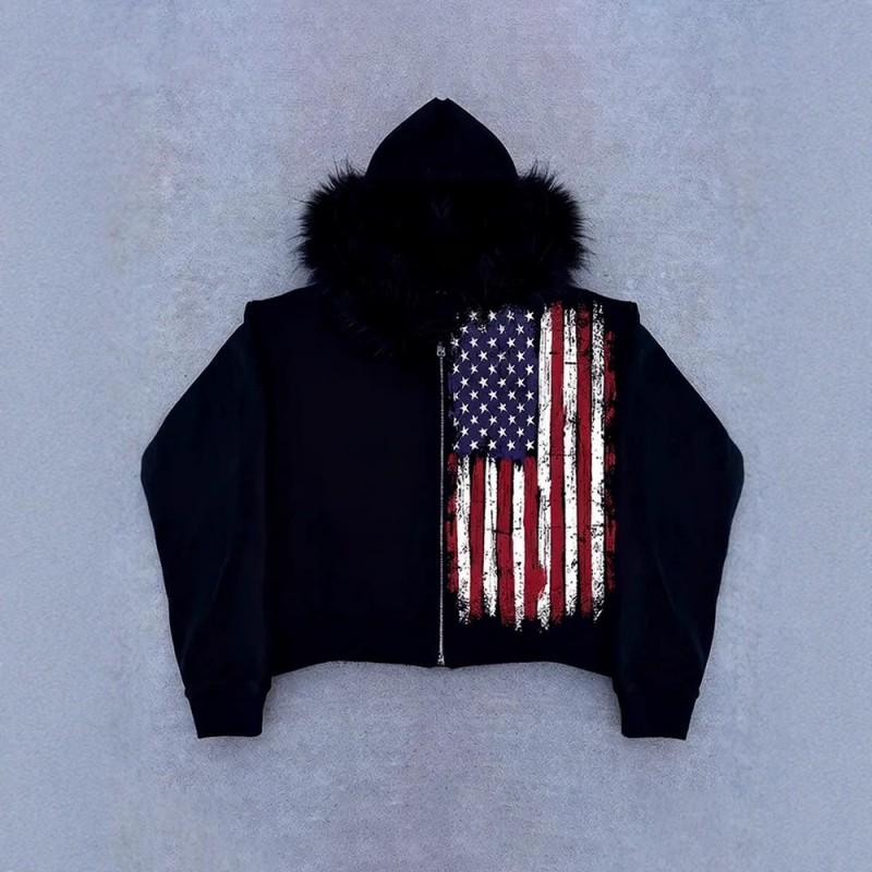 Y2K Dark Academia Hooded Sweatshirt With Flag Print Oversized Streetwear Zip-Up Women Fall Winter