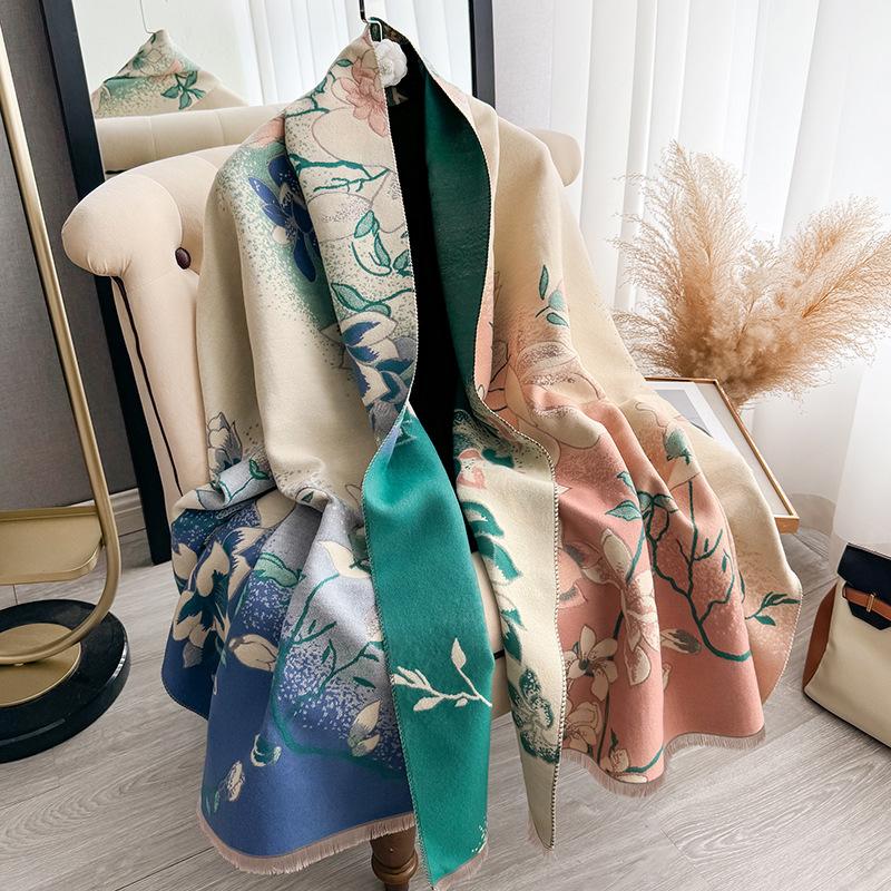 Autumn and Winter Jacquard Scarf Femininity Magnolia Imitation Cashmere Shawl Thickened Warm Scarf
