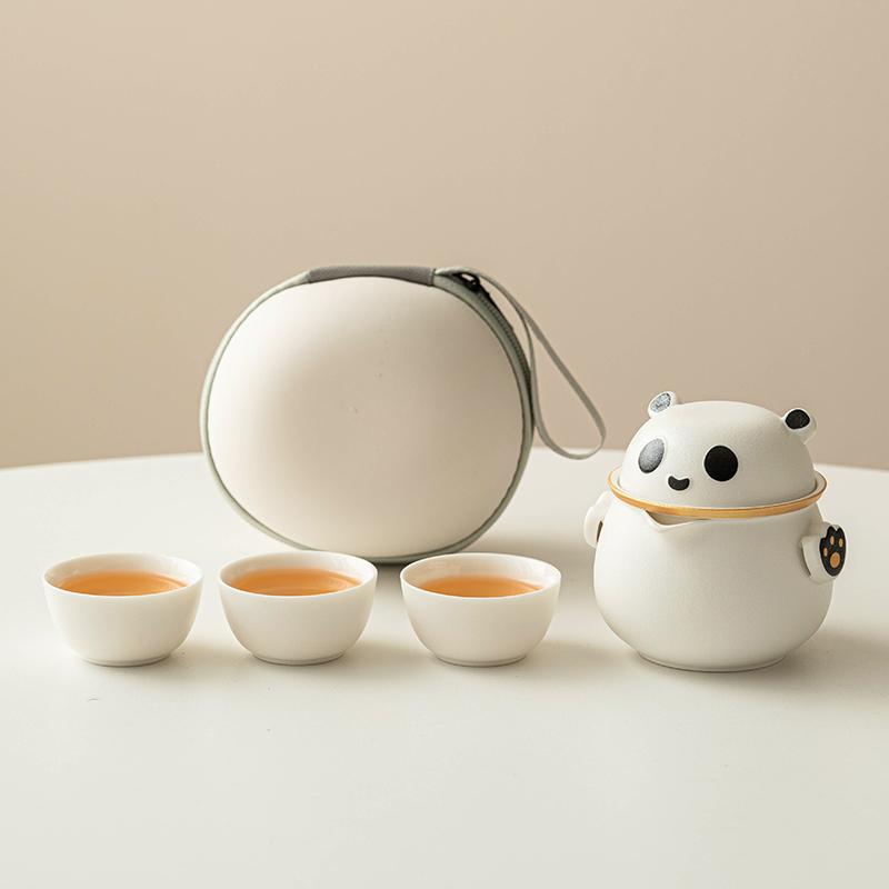 Panda Outdoor Travel Tea Set Chinese Ceramic Teapot Teacup Portable One Pot Three Cups
