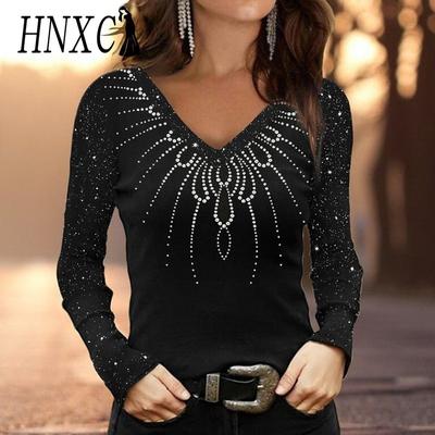 Женская мода осень-зима с длинным рукавом и V-образным вырезом, свободные футболки и топы с длинными рукавами