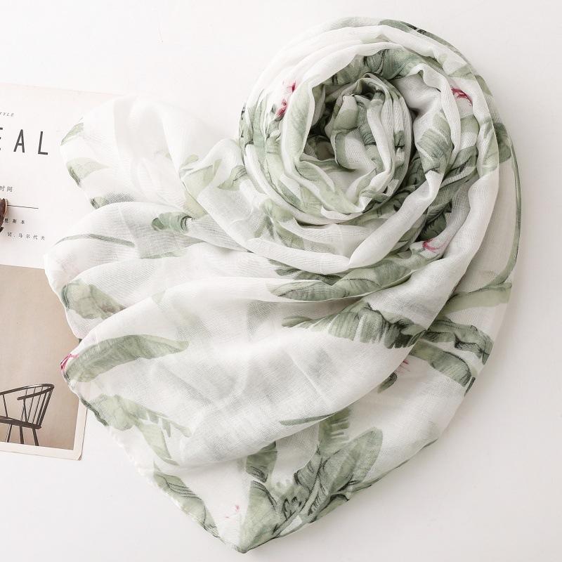 Женский шарф, шелковый шарф, весна-лето, небольшой, свежий, зеленый, тропическое растение, балийская пряжа, шаль с бахромой