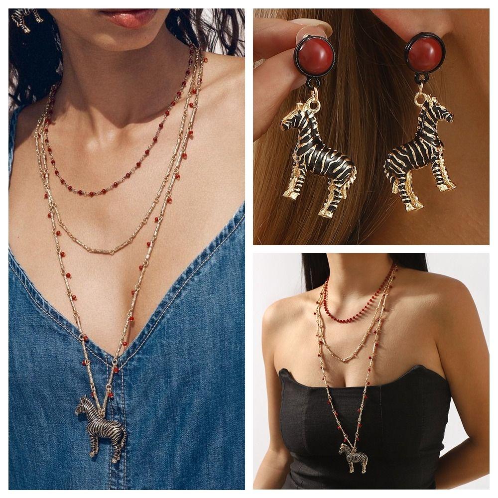 Pony Vintage Enamel Necklace Double-layer Beaded Chain Choker Bohemian Collarbone Chain  Women