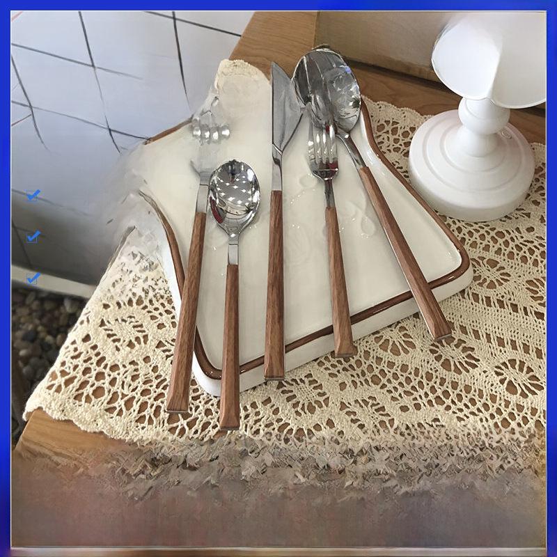 "Vintage Wooden Handle Stainless Steel Cutlery Set: Steak Knife, Fork, Spoon for Desserts & Cakes"