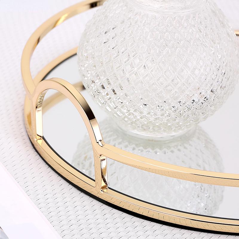 Nordic Light Роскошный стеклянный зеркальный поднос для хранения вещей Золотой железный круглый креативный декор для гостиной Фруктовая косметика Журнальный столик