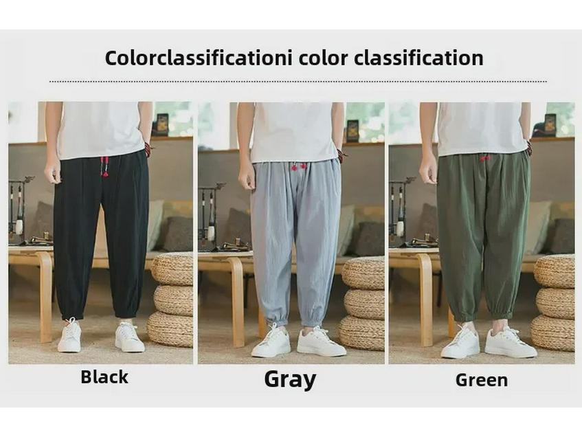 Мужские широкие шаровары из хлопка и льна в китайском стиле — летние тонкие манжеты, свободный крой, размер плюс, длина девять точек.