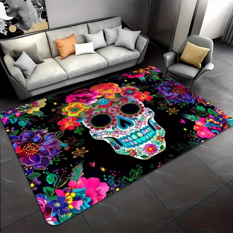 Newest Colorful Floral Sugar Skull Large Area Rug Non Slip Gothic Living Room Floor Carpet