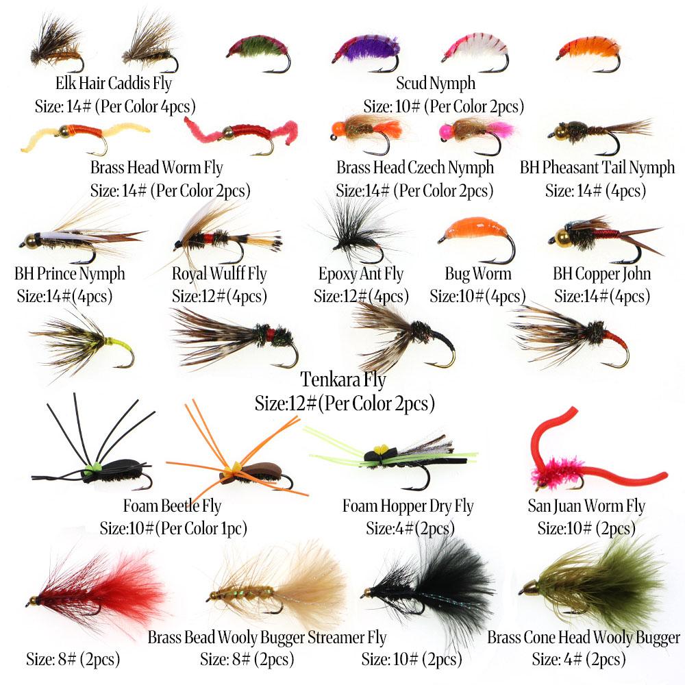 Набор мушек для нахлыстовой рыбалки 30/70/88/92 шт. с Woolly Bugger, нимфой Hare's Ear, сухими/мокрыми мушками, Elk Hair Caddis, Royal Wulff, чешской нимфой