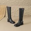 Krazing Pot Cow Skin Square Toe Winter Med Heels Riding Boots Punk Design Women Vintage Square Buckle Thigh High Boots