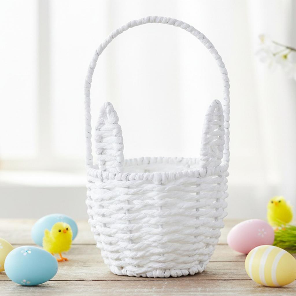 Easter Cute Rabbit Ears Basket with Handle Creative Storage Bin Multi-Purpose Paper Rope Flower Basket Sundries Organizer