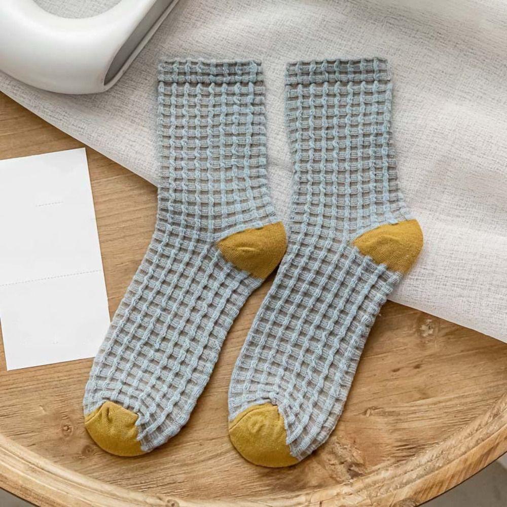 5Pairs Elastic Women Tube Sock Patchwork Grids Socks Sweet Checkered Cotton Socks Slippers