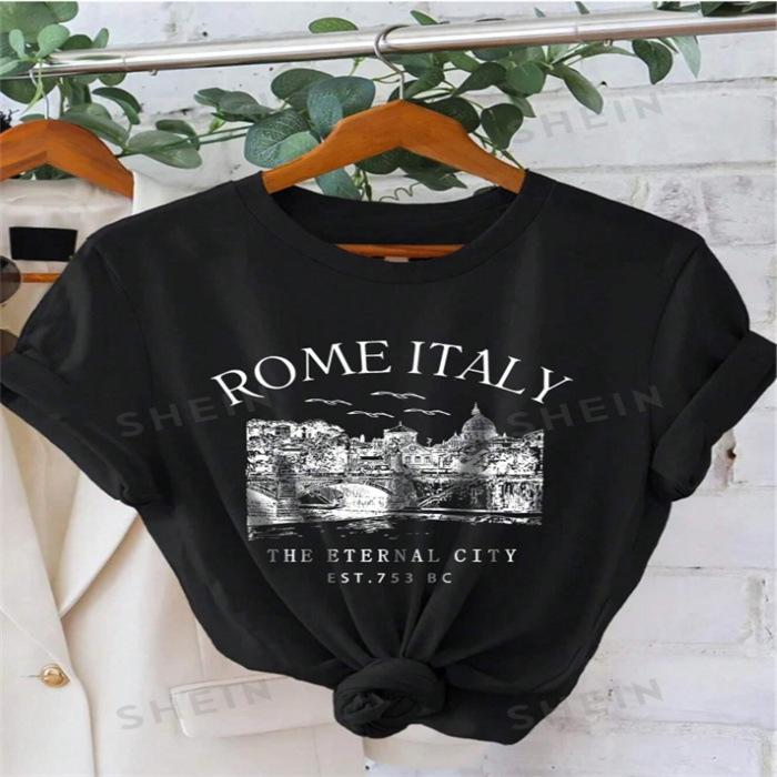 Summer Round Neck Printed Top Fashionable Casual Cute Short Sleeved Women's Pure Cotton T-shirts