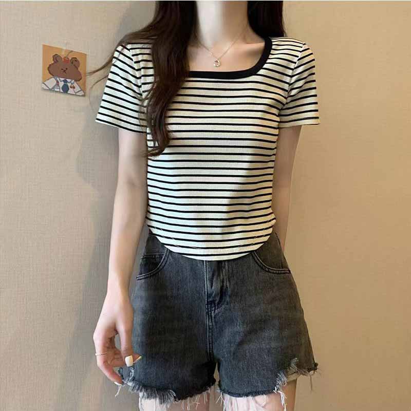 Футболка с коротким рукавом, корейская повседневная модная рубашка с U-образным вырезом, топы, женская однотонная полосатая футболка