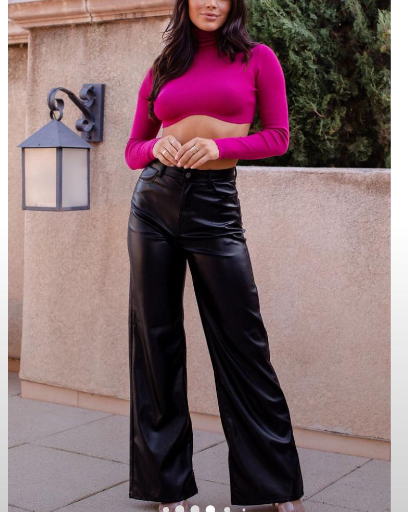 High Waist Women's Retro Leather Pants - Casual Slim Fit, Wide Leg, Autumn/Winter