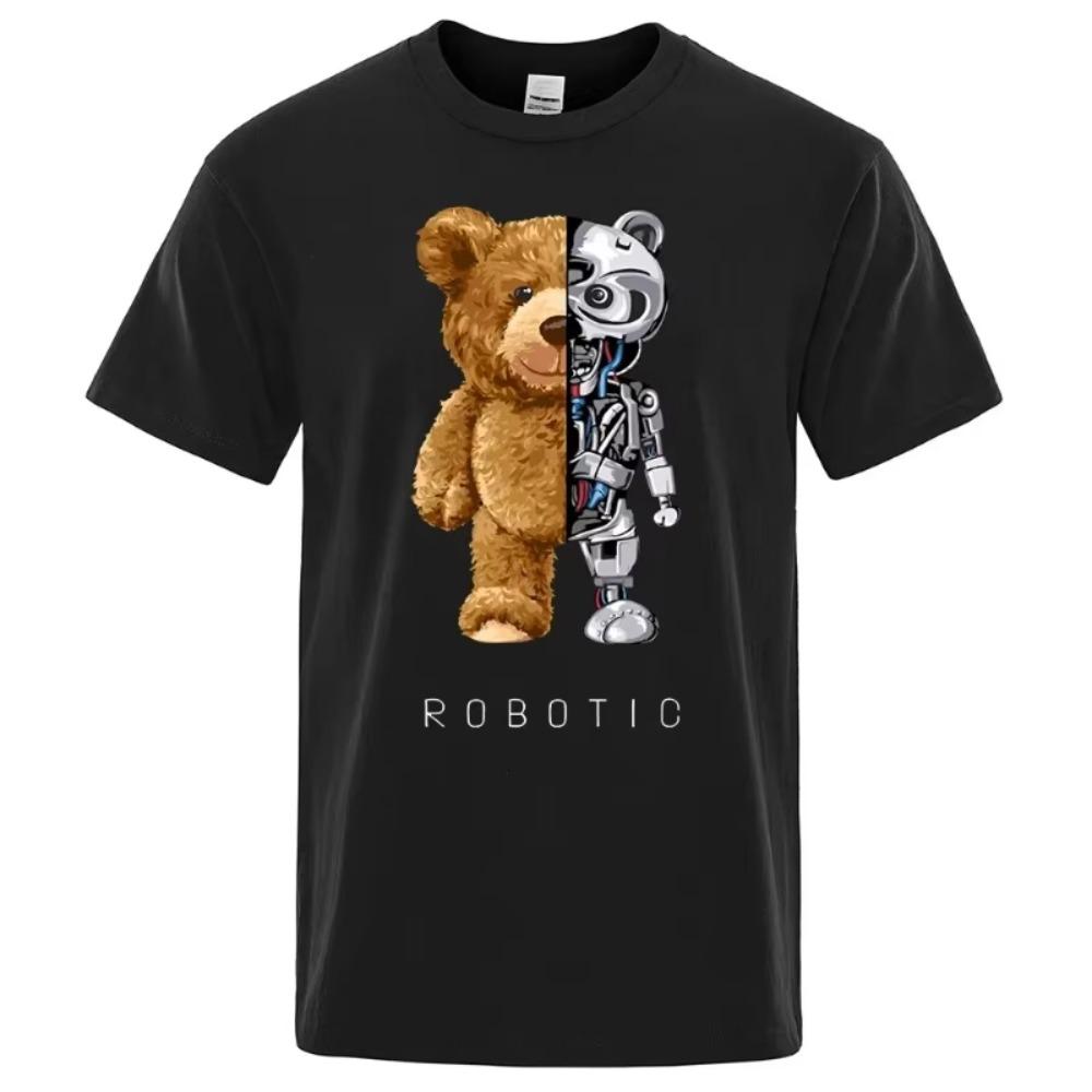 Funny Teddy Bear Robot Graphic Print Tshirt Men Short Sleeve Fashion Casual Clothes Summer Cotton Tees Oversized Street T-Shirts