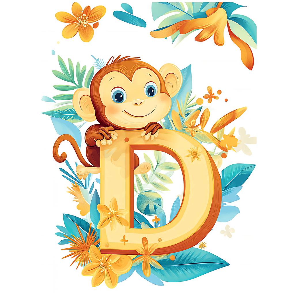 Plakat Uśmiechnięta Małpka Z Literką "D Plakat Uśmiechnięta Małpka Z Literką "D, 30X40 Cm, Rama Drewniana Ciemny Brąz, Papier Matowy 230 Gsm