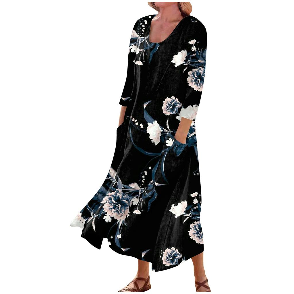 Женское повседневное удобное хлопковое карманное платье с цветочным принтом и рукавами три четверти