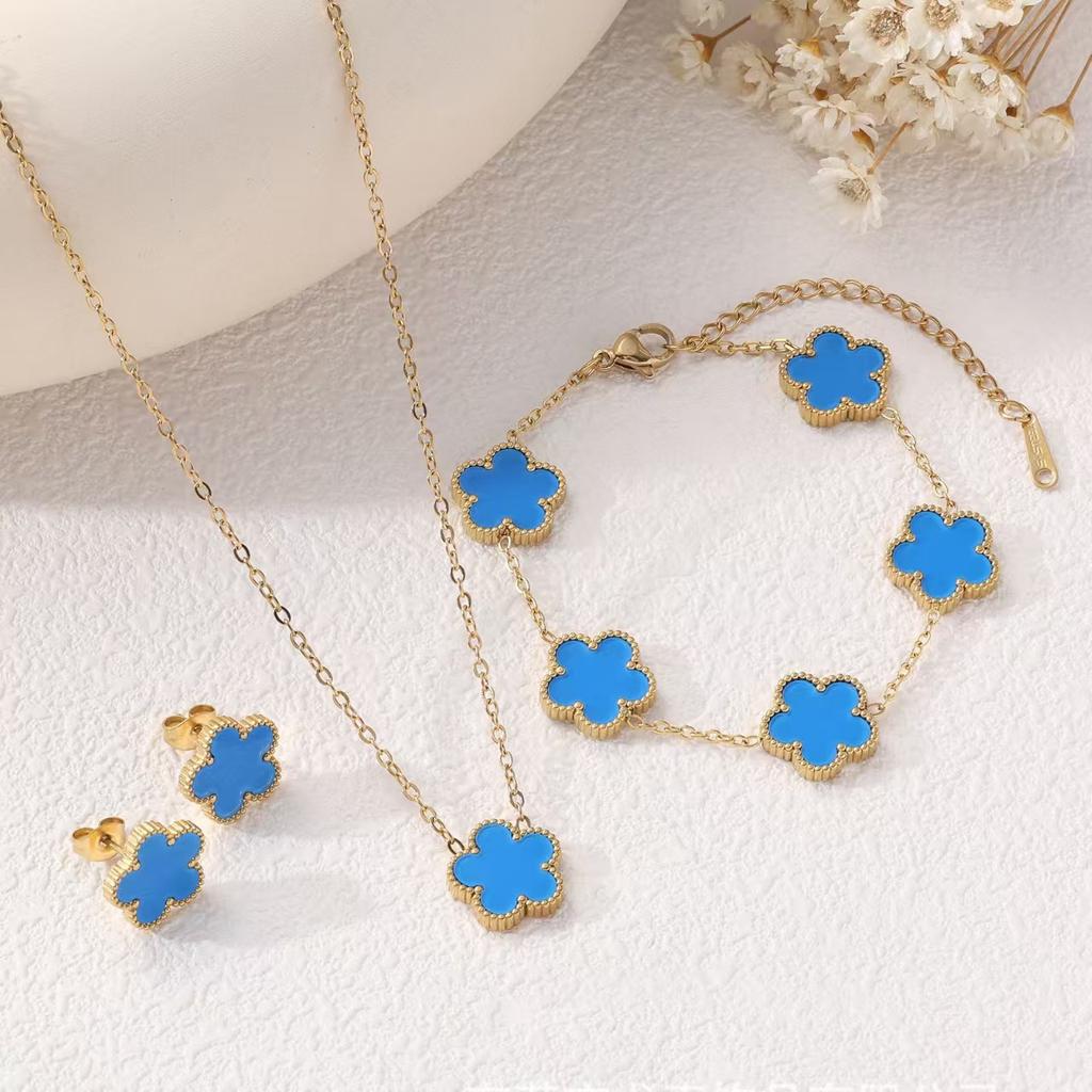 3PCS Titanium Steel Lucky Five Leaf Flower Necklace Bracelet Earring Set