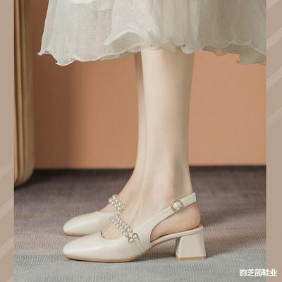 Сандалии Baotou женские сандалии жемчужные толстые с Мэри Джейн летние новые мягкие подошвы с одним словом ремень высокие каблуки