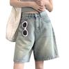 HWomen Denim Shorts High Waist Vintage Washed Straight Wide Leg Pure Color Button Zipper Closure Streetwear Knee Length Jeans Short Pants
