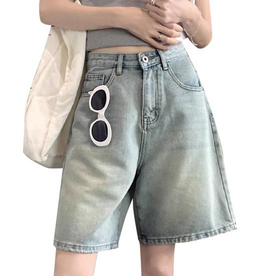 HWomen Denim Shorts High Waist Vintage Washed Straight Wide Leg Pure Color Button Zipper Closure Streetwear Knee Length Jeans Short Pants