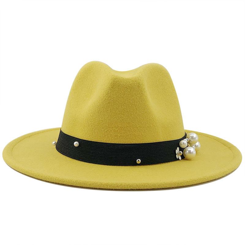 Men Women Wide Brim Wool Felt Jazz Fedora Hats British Style Trilby Party Formal Panama Cap Black Yellow Dress Hat 56-58-60CM