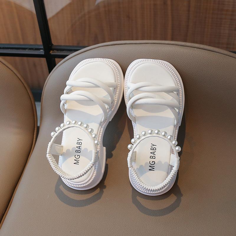 Сандалии для девочек Летние детские туфли принцессы повседневные жемчужные пляжные туфли модные детские сандалии на плоской подошве с открытым носком однотонные универсальные без застежек