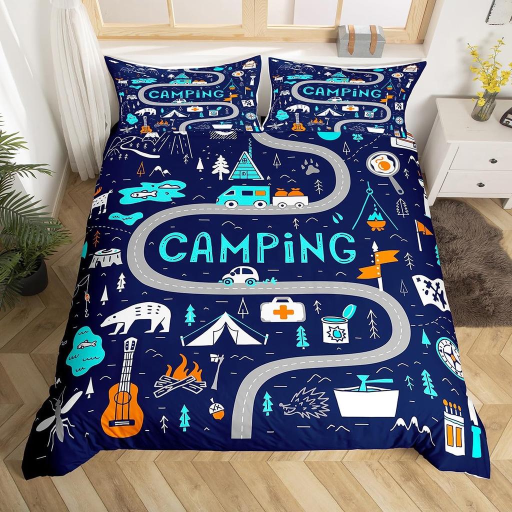Happy Camping Duvet Cover Queen Twin Rv Camping Comforter Cover Camper Bedding Set Microfiber Bedspread Cover For Boys Girls