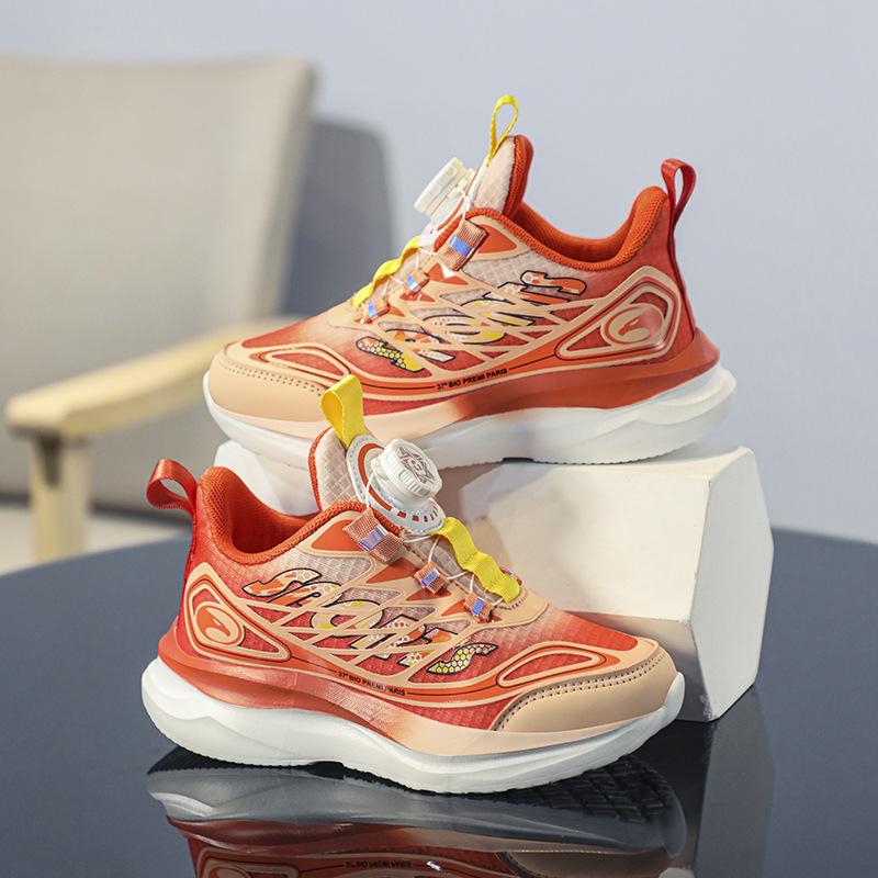 Кроссовки для мальчиков Осенние Сетчатые Детские Мальчики Ученики Среднего и Старшего Возраста Вращающаяся Пряжка Оранжевые Кроссовки для Бега