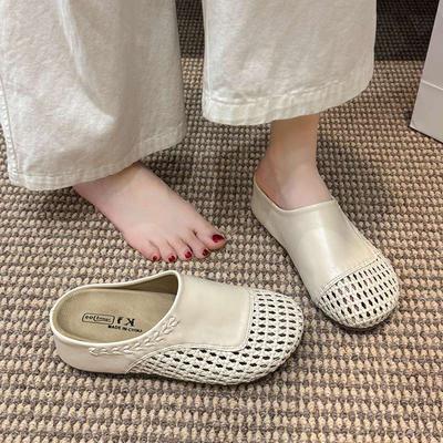 Полые плетеные одинарные туфли на увеличивающей рост подошве, крутые шлепанцы, лето и осень 2025, новые полушлепанцы баотоу, женская уличная обувь