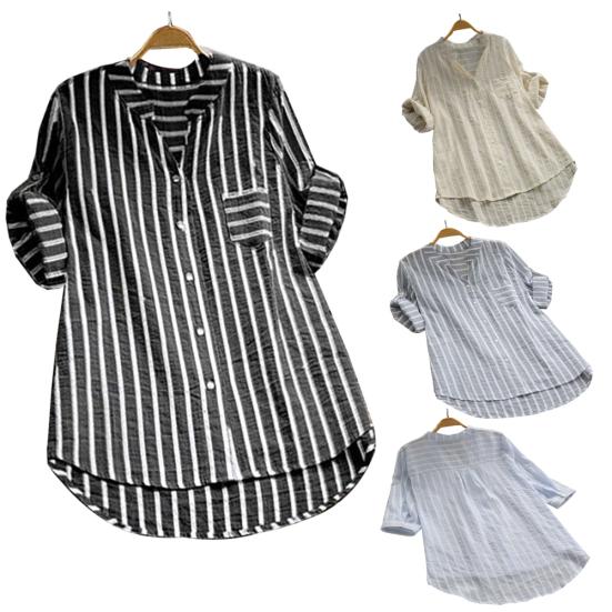 Fashion Women Vertical Stripe V Neck 3/4 Sleeve Button Loose Casual Shirt Blouse