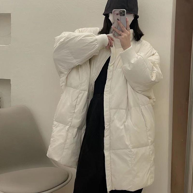 Куртка-пуховик средней и длинной длины с рукавом «летучая мышь», женская, высокого класса, воротник-стойка, белый утиный пух, зимняя, свободная и тонкая, большой размер