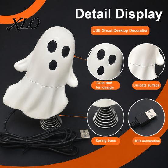 USB Powered Ghost Light Cute Night with Spring Base, Mini Spooky Halloween Christmas Tree Ornaments Topper LED for Party, Office Desk, Home Decor