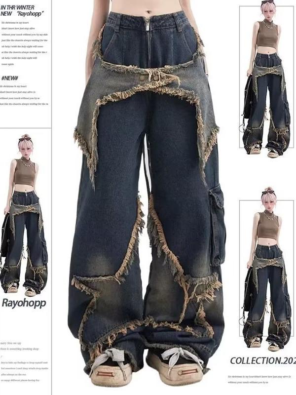 Мужские джинсы широкого кроя в стиле ретро с рисунком пентаграммы — потертости, необработанные края, большие карманы