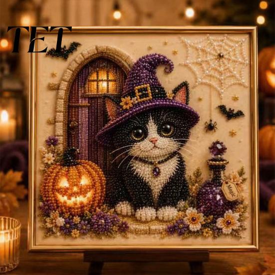 Family Fun Handcrafts Halloween Cat Faux Pearl Painting Art Kit, Spooky 3D Beads Creative Gift Crafts, Cute Witch Gem Wall for Adults, Craft