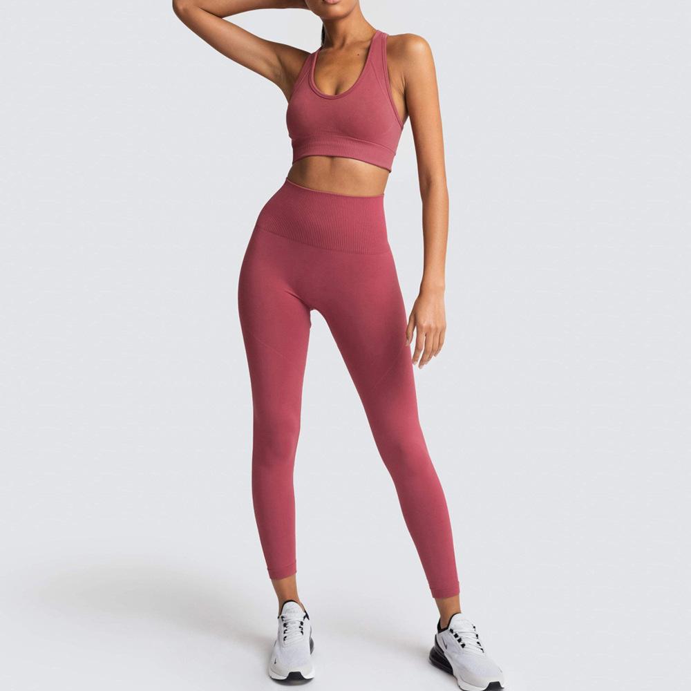 Seamless Knitted Slim Hip Lifting Sweat Wicking Sports Bodysuit Back Fitness Bra Yoga Suit For Women Solid Color Set