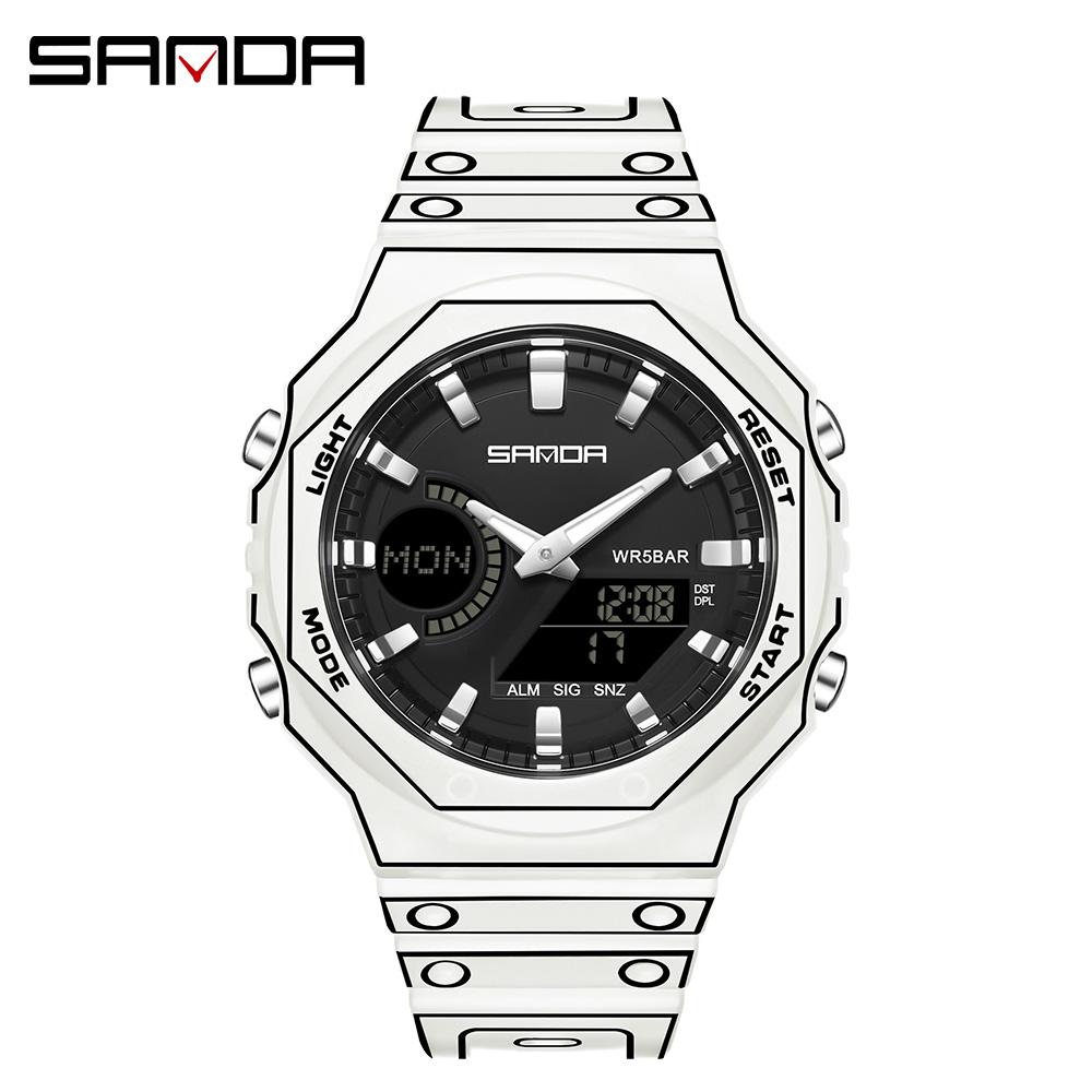 SANDA 6508 Fashion Electronic Watches for Man Multifunctional Luminous Stopwatch Alarm Clock Dual Display Men Digital Wristwatch