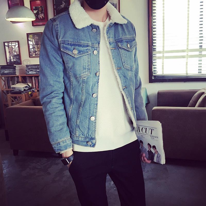 Мужская зимняя джинсовая куртка в стиле ретро с меховым воротником и подкладкой из овечьей шерсти