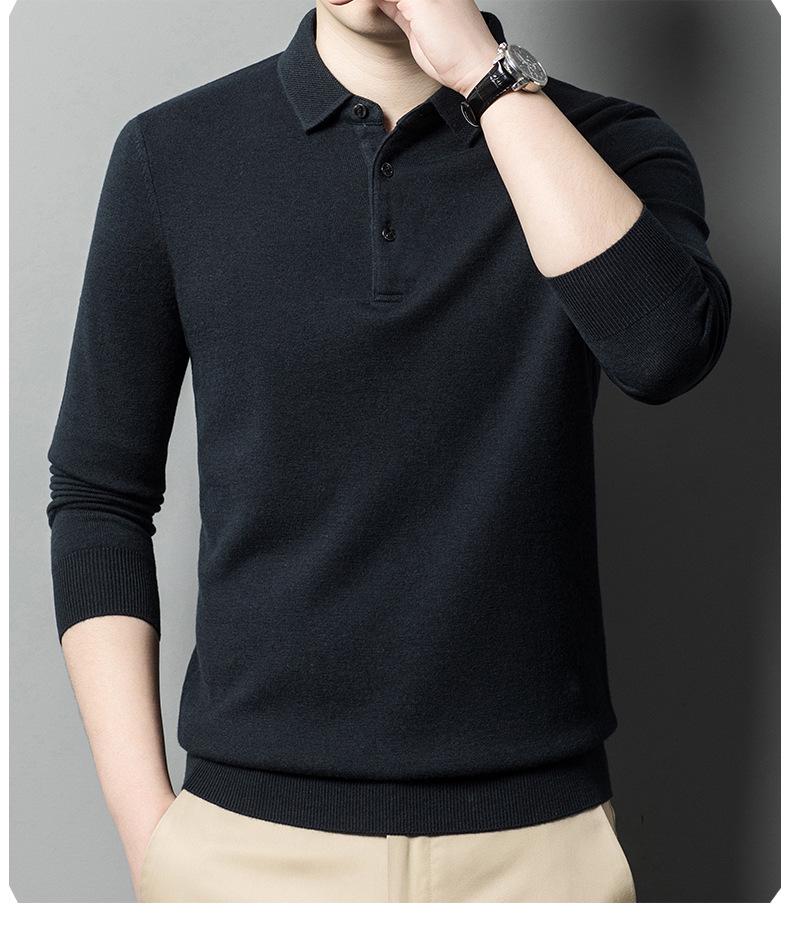 Men's Pure Wool Lapel Sweater: New Style Solid Color Casual Knit Pullover