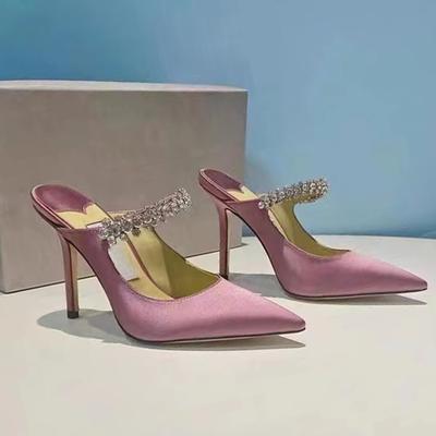 Европейские и американские летние новые туфли с острым носком, женские тапочки Baotou на высоком каблуке со стразами, атласные сандалии