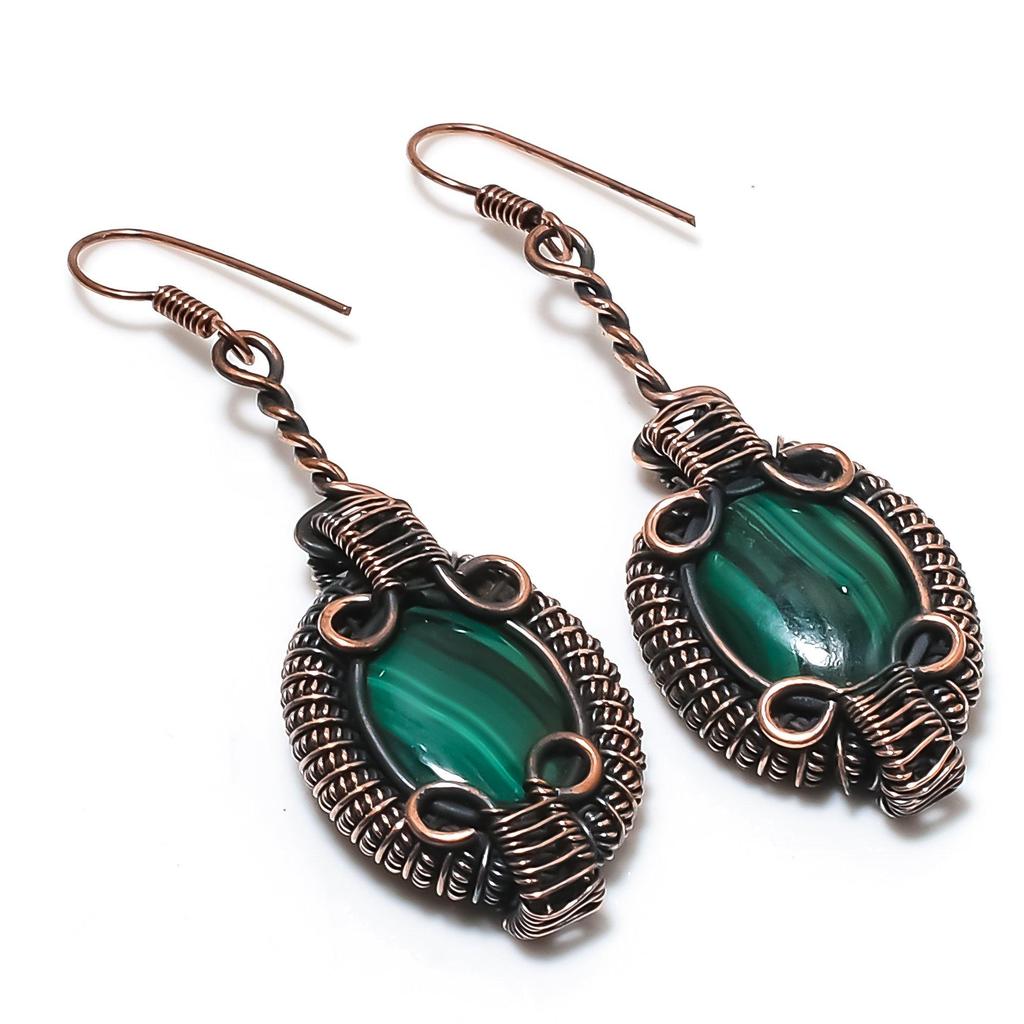 Серьги из малахита, украшения из меди 999 пробы с проволочной оплеткой, подарок для женщин, серьги ручной работы, украшения с драгоценными камнями
