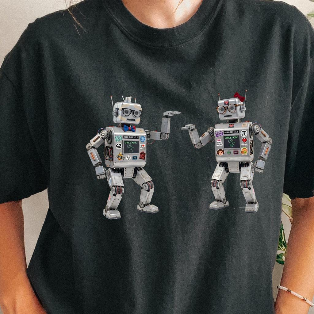 Retro Robots Illustration T-Shirt | Vintage Toy Robot Duo