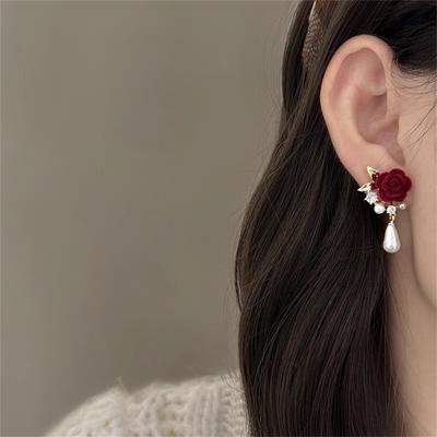 Серьги-гвоздики с красным бархатом и розами, винтажные жемчужные серьги, серьги-гвоздики