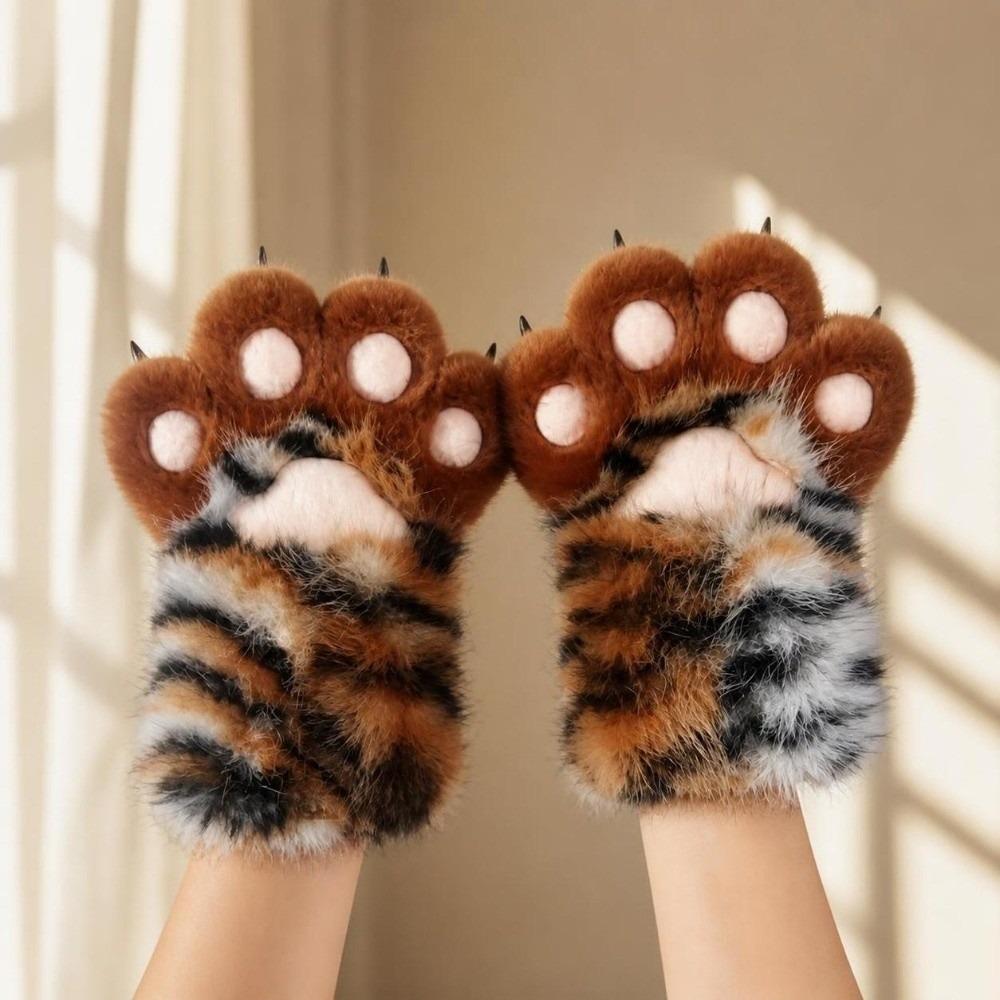 Stripe Cosplay Costume Gloves Tiger Print Plush Cat Paw Gloves Cute Cat Claw Mittens Role Play