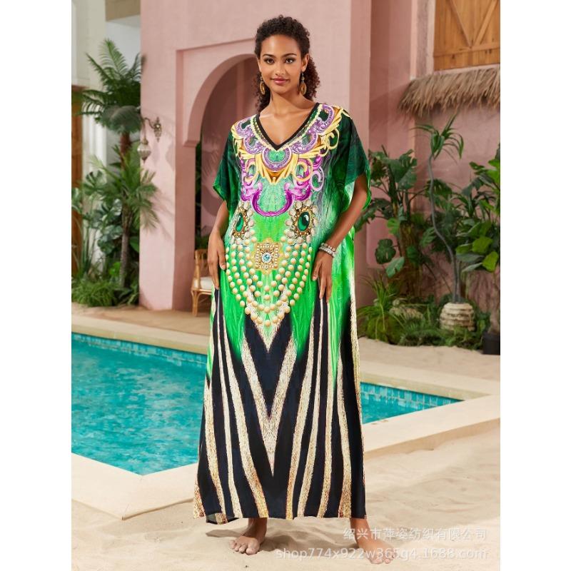 Плюс Размер Женский Пляжный Принт Длинное Платье Праздничный Солнцезащитный Купальник С Накидкой