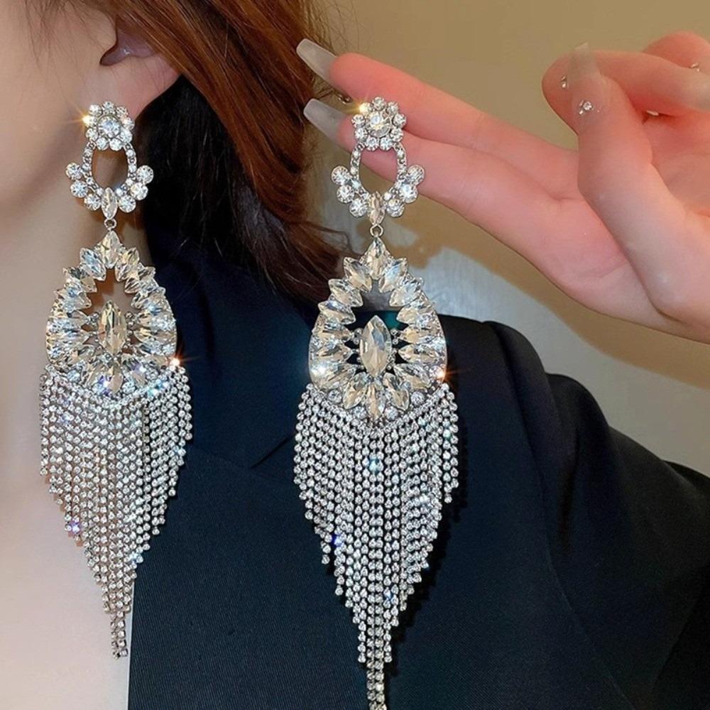 1 Pair Fashion Long Tassel Dangle Earrings Bling Bling Exaggerated Earrings Banquet