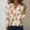 Women's Fashion Casual V-Neck Long Sleeve Decorative Button Christmas Print Top